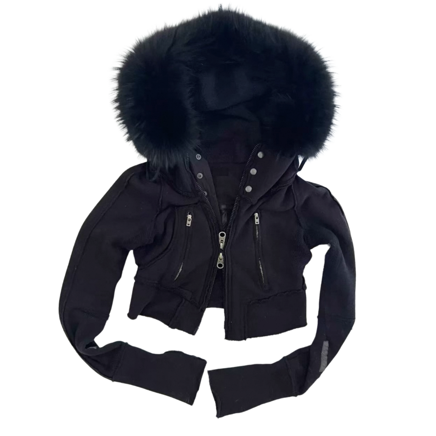 Cropped Thick Navy Faux Fur Detachable Zip Hoodie w/ Double Zip