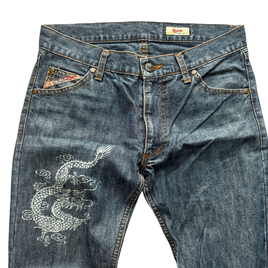 Vivienne Tam Dragon Printed Washed-Out Jeans