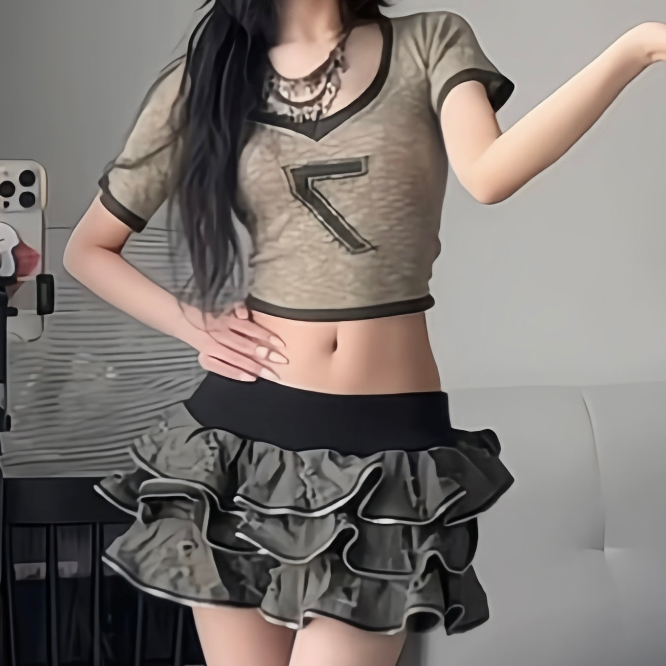 Glavil Tutuha Zip Layered Grey Khaki Skirt