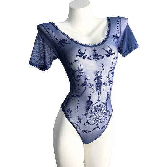 Vivienne Westwood Sock Shop 1992 Boulle Blue Print Sheer Toile Bodysuit
