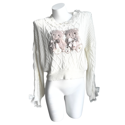 Liz Lisa Creamy White Double Bear Ribbon Bow Sweater