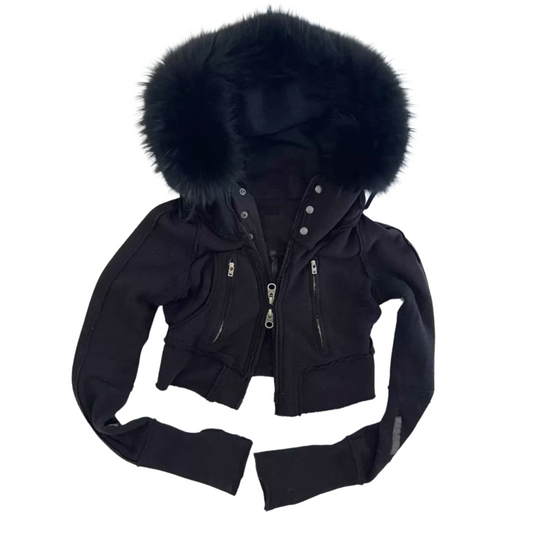 Cropped Thick Navy Faux Fur Detachable Zip Hoodie w/ Double Zip