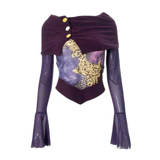 Purple Flower Sheer Off-shoulder Top