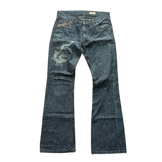 Vivienne Tam Dragon Printed Washed-Out Jeans