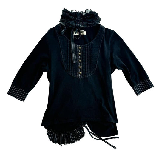 H.Naoto Black Lace Collar 3/4 Sleeve T-Shirt